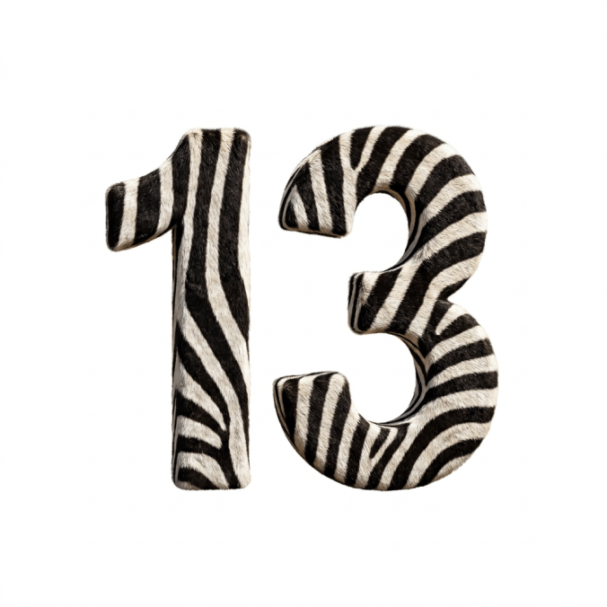 Zebra-striped number 13 standing in a grassy savanna